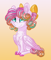 Size: 826x968 | Tagged: safe, artist:australian-senior, princess flurry heart, pegasus, pony, kirindos, g4, alternate design, alternate hairstyle, alternate universe, bow, chest fluff, colored hooves, cute, female, filly, gradient background, hair bow, solo