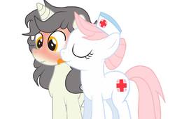 Size: 750x512 | Tagged: safe, artist:lion-grey, nurse redheart, oc, oc:short fuse, pony, g4, blushing, blushing profusely, canon x oc, female, licking, male, old cutie mark, simple background, tongue out, white background