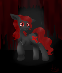 Size: 1700x2000 | Tagged: safe, artist:annaslolart, oc, oc only, oc:spirit cross, pony, crying, puppet, red and black oc, solo