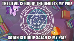 Size: 720x405 | Tagged: artist needed, source needed, safe, edit, edited screencap, screencap, starlight glimmer, sunburst, pony, celestial advice, g4, book, image macro, magic, magic circle, meme, satan, satanic ritual, summoning circle, the devil, the man they call ghost, true capitalist radio