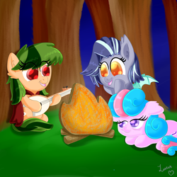 Size: 4000x4000 | Tagged: safe, artist:luciusheart, oc, oc only, oc:lyric, oc:nova starburst, oc:rain, pony, cute, fake campfire, female, filly, forest, lute, musical instrument, singing, sleepy, tree