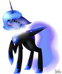 Size: 1009x1200 | Tagged: safe, artist:kawurin, nightmare moon, princess luna, alicorn, pony, g4, corrupted, crying, raised hoof, s1 luna, simple background, solo, transformation, transparent background