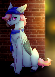 Size: 910x1281 | Tagged: safe, artist:anxiouslilnerd, oc, oc only, pegasus, pony, bandaid, bandaid on nose, beanie, cigarette, clothes, cloven hooves, dta entry, hat, rebel, scar, scarf, shaded sketch, wall