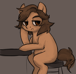 Size: 1024x1007 | Tagged: safe, artist:trazodoned, oc, oc only, earth pony, pony, blank flank, brown background, simple background, sitting, solo, tired