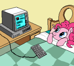 Size: 448x400 | Tagged: artist needed, safe, pinkie pie, earth pony, pony, bed, computer, female, keyboard, pixel art, solo