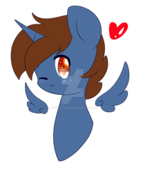 Size: 1024x1218 | Tagged: safe, artist:twily-star, oc, oc only, oc:headlong flight, alicorn, pony, alicorn oc, bust, floating wings, heart, horn, male, one eye closed, portrait, simple background, solo, stallion, transparent background, watermark, wings, wink
