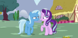 Size: 862x423 | Tagged: safe, screencap, starlight glimmer, trixie, pony, all bottled up, g4, animated, duo, female, gif, hug, smiling
