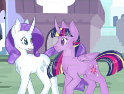 Size: 1024x780 | Tagged: safe, artist:uniquecolorchaos, rarity, twilight sparkle, alicorn, pony, g4, curved horn, horn, rainbow power, story in the source, twilight sparkle (alicorn), walking, watermark