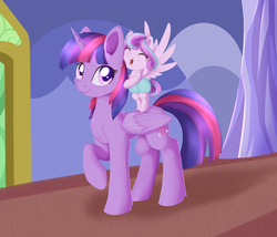 Size: 1674x1430 | Tagged: safe, artist:dusthiel, princess flurry heart, twilight sparkle, alicorn, pony, a flurry of emotions, g4, best aunt ever, colored pupils, eyes closed, female, flurry heart riding twilight, ponies riding ponies, riding, smiling, twilight sparkle (alicorn), twilight's castle, walking