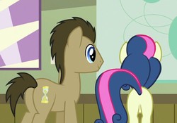 Size: 851x595 | Tagged: safe, screencap, bon bon, doctor whooves, sweetie drops, time turner, earth pony, pony, a flurry of emotions, g4, butt, female, male, mare, plot, stallion