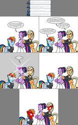 Size: 1300x2090 | Tagged: safe, artist:dekomaru, applejack, rainbow dash, twilight sparkle, pony, tumblr:ask twixie, g4, ask, bipedal, blushing, blushing profusely, clothes, comic, corset, dress, female, lesbian, magic, ship:appledash, shipping, stockings, thigh highs, tumblr, tuxedo, wedding dress