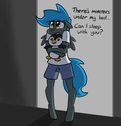 Size: 740x768 | Tagged: safe, artist:whatsapokemon, oc, oc only, oc:jade shine, pegasus, anthro, unguligrade anthro, clothes, cute, dialogue, female, filly, plushie, scared, solo, younger