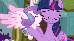 Size: 1280x720 | Tagged: safe, screencap, princess flurry heart, twilight sparkle, alicorn, pony, a flurry of emotions, g4, auntie twilight, baby, cheek kiss, clock, cute, diaper, eyes closed, flurrybetes, holding a pony, kissing, kissy face, platonic kiss, ponyville hospital, twilight sparkle (alicorn)