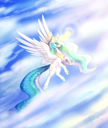 Size: 2100x2500 | Tagged: safe, artist:minelvi, princess celestia, alicorn, pony, g4, female, flying, glowing horn, high res, hoof shoes, horn, jewelry, magic, mare, outdoors, solo, tiara