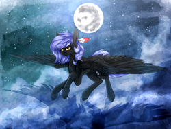 Size: 2000x1500 | Tagged: safe, artist:smallspark, oc, oc only, oc:cloudy night, pegasus, pony, cloud, female, flying, mare, moon, solo, stars