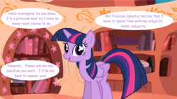 Size: 1280x720 | Tagged: safe, artist:hakunohamikage, twilight sparkle, alicorn, pony, ask-princesssparkle, g4, ask, female, golden oaks library, solo, tumblr, twilight sparkle (alicorn)