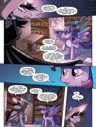 Size: 720x960 | Tagged: safe, artist:tony fleecs, idw, official comic, shadow lock, twilight sparkle, alicorn, pony, unicorn, from the shadows, g4, spoiler:comic, spoiler:comic53, book, cloak, clothes, comic, female, hood, library, male, mare, maturity, preview, speech bubble, stallion, twilight sparkle (alicorn)