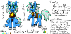 Size: 2500x1200 | Tagged: safe, artist:excarnis, oc, oc only, oc:cold-water, pony, unicorn, alchemy, cold, free to use, reference sheet, soli, water