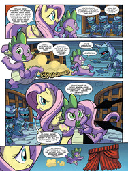 Size: 720x960 | Tagged: safe, artist:tony fleecs, idw, official comic, fluttershy, spike, dragon, pegasus, pony, unicorn, from the shadows, g4, spoiler:comic, spoiler:comic53, armor, comic, female, knight, male, mare, plate armor, preview, spear, speech bubble, weapon