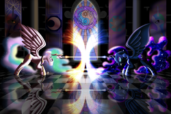 Size: 3840x2560 | Tagged: safe, artist:cybersquirrel, nightmare moon, princess celestia, princess luna, alicorn, pony, g4, altered reflection, beam struggle, blast, duo, female, high res, magic, magic blast, marble floor, mare, reflection, stained glass