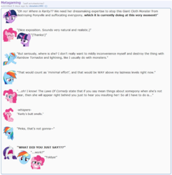Size: 872x887 | Tagged: safe, artist:dziadek1990, pinkie pie, rainbow dash, rarity, twilight sparkle, g4, comedy, conversation, dialogue, emote story, emotes, exposition, fourth wall, lampshade hanging, meta, monster, reddit, text