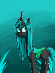 Size: 900x1200 | Tagged: safe, artist:passigcamel, queen chrysalis, changeling, changeling queen, g4, eyeshadow, fangs, female, grass, looking back, makeup, signature, solo