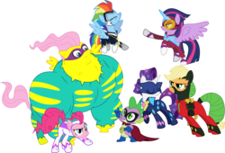 Size: 4802x3258 | Tagged: safe, artist:audiobeatzz, applejack, fili-second, fluttershy, mistress marevelous, pinkie pie, radiance, rainbow dash, rarity, saddle rager, spike, twilight sparkle, zapp, alicorn, dragon, earth pony, pegasus, pony, unicorn, g4, power ponies (episode), confident, eyes closed, high res, humdrum costume, mane six, masked matter-horn costume, open mouth, open smile, power ponies, simple background, smiling, transparent background, twilight sparkle (alicorn), vector
