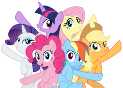 Size: 4581x3288 | Tagged: safe, artist:sketchmcreations, applejack, fluttershy, pinkie pie, rainbow dash, rarity, twilight sparkle, alicorn, pony, all bottled up, g4, best friends until the end of time, bipedal, high res, looking at you, mane six, raised hoof, simple background, smiling, transparent background, twilight sparkle (alicorn), vector