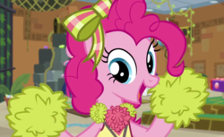 Size: 1203x735 | Tagged: safe, screencap, pinkie pie, earth pony, pony, all bottled up, g4, season 7, accessory, bow, cheering, clothes, costume, female, happy, looking at you, pom pom, solo