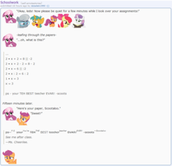 Size: 868x836 | Tagged: safe, artist:dziadek1990, apple bloom, cheerilee, scootaloo, silver spoon, snails, sweetie belle, g4, conversation, dialogue, dyslexia, emote story, emotes, math, misspelling, reddit, slice of life, text