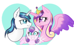 Size: 1184x720 | Tagged: safe, artist:sweetkllrvane, princess cadance, princess flurry heart, shining armor, pony, g4, family, grin, heart, looking at each other, smiling