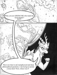 Size: 1024x1365 | Tagged: safe, artist:tillie-tmb, discord, comic:the amulet of shades, g4, comic, male, monochrome, solo, universe
