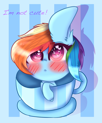 Size: 1065x1287 | Tagged: safe, artist:flutterwishs143, rainbow dash, pegasus, pony, g4, blushing, cup, cup of pony, female, heart eyes, i'm not cute, mare, micro, solo, teacup, wingding eyes