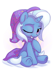 Size: 1100x1400 | Tagged: safe, artist:bobdude0, trixie, pony, unicorn, g4, cape, clothes, cute, diatrixes, female, grin, hat, mare, one eye closed, raised hoof, sitting, smiling, solo, trixie's cape, trixie's hat, underhoof