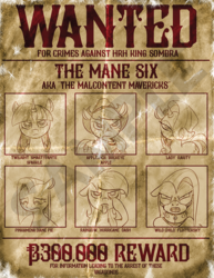 Size: 1000x1294 | Tagged: safe, artist:scherzo, idw, applejack, fluttershy, pinkie pie, rainbow dash, rarity, g4, alternate universe, mane six, mirror universe, pinkamena diane pie, wanted poster