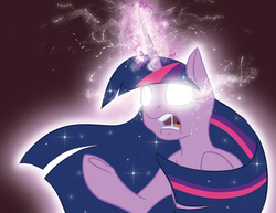 Size: 1294x1000 | Tagged: safe, artist:scherzo, twilight sparkle, alicorn, pony, g4, female, glowing eyes, glowing horn, horn, magic overload, solo, starry mane, twilight sparkle (alicorn)