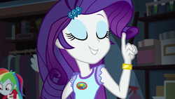 Size: 1280x720 | Tagged: safe, screencap, rainbow dash, rarity, equestria girls, g4, my little pony equestria girls: legend of everfree, bracelet, camp everfree logo, camp everfree outfits, eyes closed, female, indoors