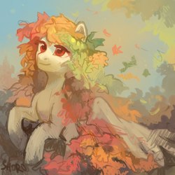 Size: 2160x2160 | Tagged: safe, artist:share dast, oc, oc only, pegasus, pony, autumn, female, high res, leaves, solo, spread wings, wings