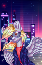 Size: 1915x3000 | Tagged: safe, artist:helemaranth, derpy hooves, pegasus, pony, rcf community, g4, building, city, clothes, derpfest, female, futuristic, jacket, mare, night, outdoors, shirt, smiling, solo, sunglasses