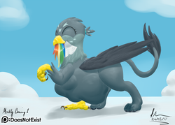 Size: 2000x1428 | Tagged: safe, artist:theandymac, gabby, rainbow dash, griffon, g4, abdominal bulge, carnivore, cloud, eyes closed, female, fetish, food chain, gabbypred, griffons doing griffon things, happy, implied rainbow dash, patreon, patreon logo, predator, prey, preydash, signature, tail sticking out, vore, walking