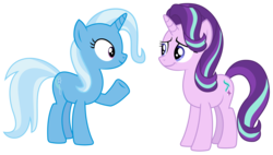 Size: 3544x2019 | Tagged: safe, artist:sketchmcreations, starlight glimmer, trixie, pony, unicorn, all bottled up, g4, female, high res, looking at each other, mare, raised hoof, simple background, smiling, transparent background, vector