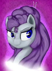 Size: 1024x1389 | Tagged: safe, artist:madacon, rarity, pony, g4, abstract background, alternate hairstyle, blue eyes, bust, curly hair, eyebrows, eyelashes, female, hairpin, missing horn, no mouth, portrait, purple background, purple hair, solo