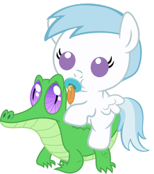 Size: 836x942 | Tagged: safe, artist:red4567, cotton cloudy, gummy, pony, g4, baby, baby pony, cotton cloudy riding gummy, cottonbetes, cute, pacifier, ponies riding gators, riding, simple background, white background