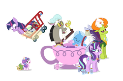 Size: 949x630 | Tagged: safe, artist:dm29, discord, princess flurry heart, starlight glimmer, thorax, trixie, twilight sparkle, whammy, alicorn, changedling, changeling, pony, a flurry of emotions, all bottled up, celestial advice, g4, anger magic, bath, bottled rage, cinnamon nuts, cup, equestrian pink heart of courage, food, hat, it begins, king thorax, magic, reformed four, shopping cart, shower cap, simple background, teacup, that pony sure does love teacups, the meme continues, the story so far of season 7, this isn't even my final form, twilight sparkle (alicorn), white background