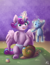 Size: 1000x1300 | Tagged: safe, artist:alina-sherl, princess flurry heart, whammy, alicorn, pony, a flurry of emotions, g4, baby, baby pony, diaper, female, foal, glowing horn, horn, magic, plushie, smiling, solo, teddy bear, toy