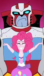 Size: 2000x3419 | Tagged: safe, artist:edcom02, pinkie pie, equestria girls, g4, autobot, balloon, clothes, confetti, crossover, cute, eyes closed, grin, happy, high res, ratchet, skirt, smiling, transformers, transformers animated