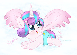 Size: 1270x900 | Tagged: safe, artist:joakaha, princess flurry heart, alicorn, pony, g4, baby, baby pony, cute, diaper, female, flurrybetes, flying, laughing, looking back, smiling, solo, spread wings, wings