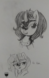 Size: 1225x1920 | Tagged: safe, artist:tjpones, king sombra, pony, unicorn, g4, bored, bust, cute, dialogue, ear fluff, glass, grayscale, monochrome, queen umbra, rule 63, rule63betes, sketch, traditional art, umbradorable, wine glass