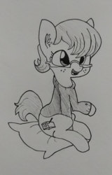 Size: 1132x1766 | Tagged: safe, artist:tjpones, oc, oc only, earth pony, pony, braces, clothes, ear fluff, freckles, glasses, grayscale, monochrome, pillow, sitting, solo, sweater, traditional art, turtleneck