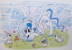 Size: 1628x1149 | Tagged: safe, artist:miss-racco0n, oc, oc only, oc:ice dreams, pony, rabbit, easter, egg, holiday